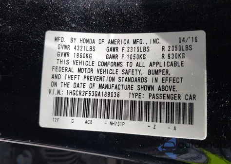 2016 Honda Accord Sport from USA, damaged, VIN 1HGCR2F53GA189038